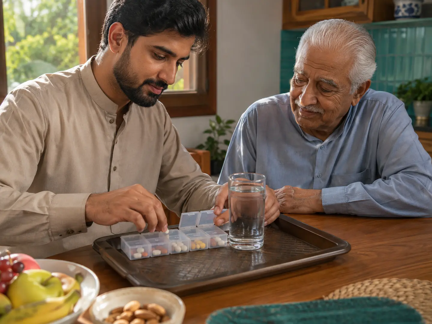 Caregiver arranging a medicine organiser and water for an elderly man