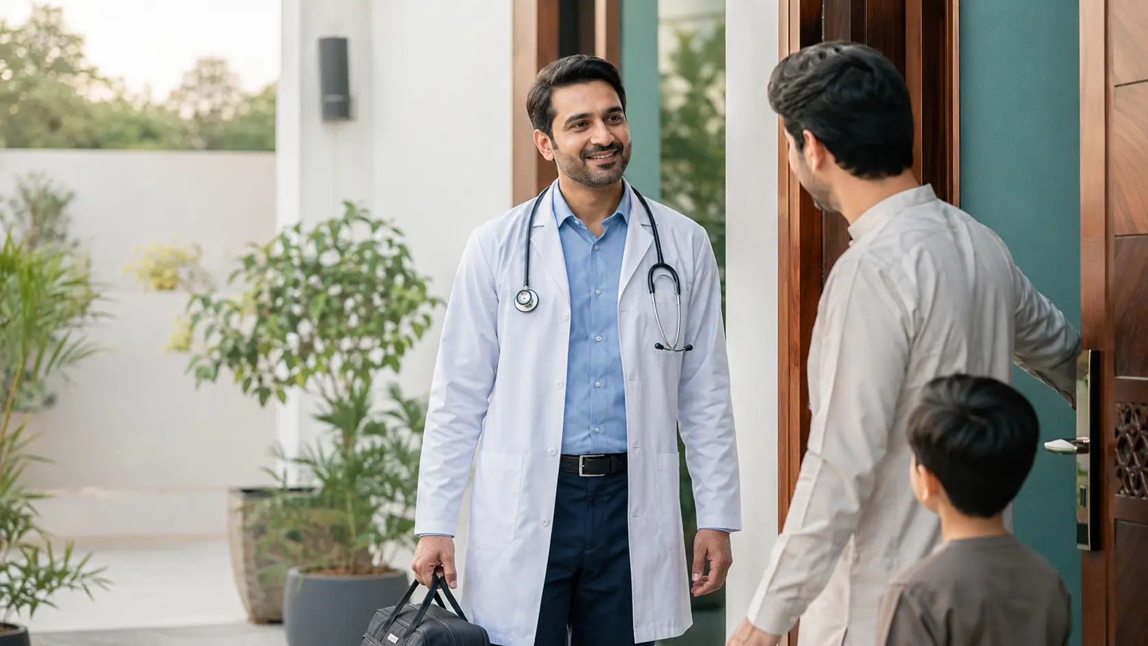 Doctor arriving at a family home for an in-person consultation